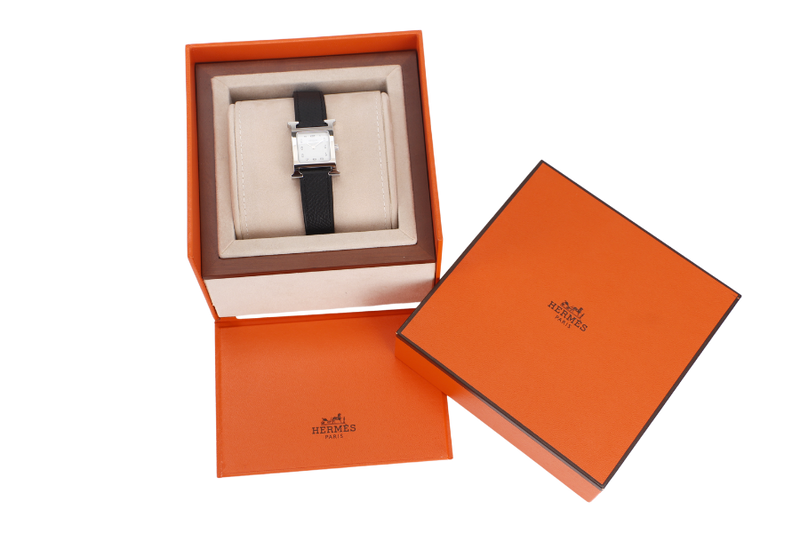 HERMES H.HEURE PM WATCH SILVER BLACK STRAP WITH CERT & BOX