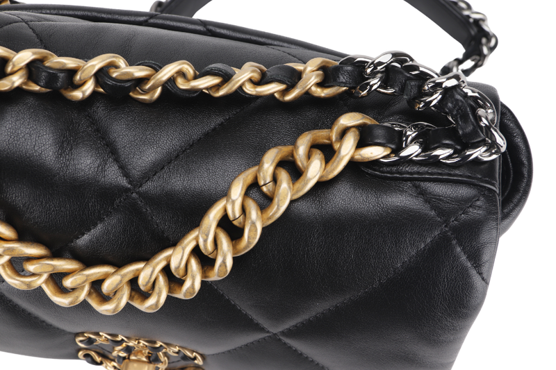 CHANEL 19 SMALL BLACK SHINY LAMBSKIN (3091XXXX) WITH GOLD-TONE, SILVER-TONE & RUTHENIUM HARDWARE, WITH CARD & DUST COVER