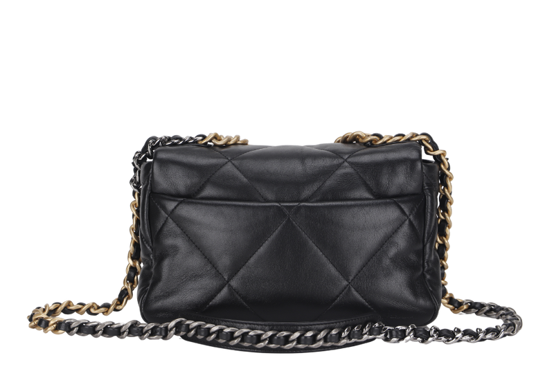 CHANEL 19 SMALL BLACK SHINY LAMBSKIN (3091XXXX) WITH GOLD-TONE, SILVER-TONE & RUTHENIUM HARDWARE, WITH CARD & DUST COVER