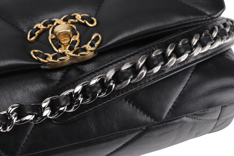 CHANEL 19 SMALL BLACK SHINY LAMBSKIN (3091XXXX) WITH GOLD-TONE, SILVER-TONE & RUTHENIUM HARDWARE, WITH CARD & DUST COVER