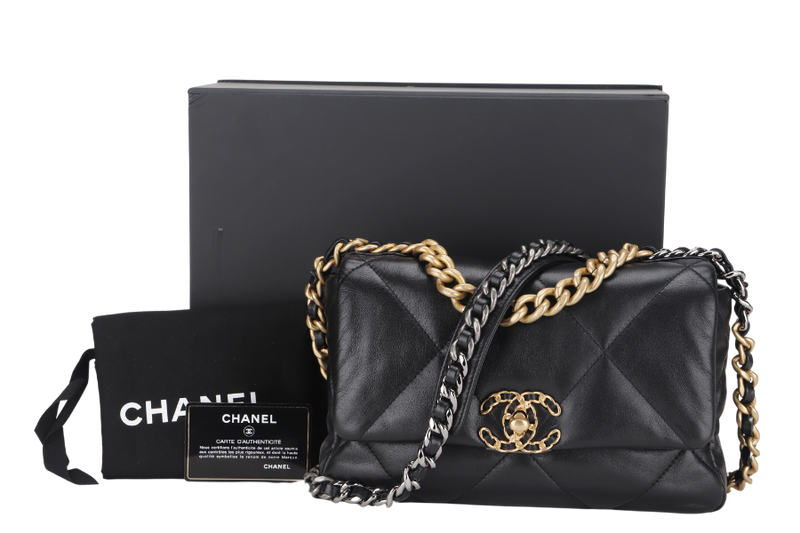 CHANEL 19 SMALL BLACK SHINY LAMBSKIN (3091XXXX) WITH GOLD-TONE, SILVER-TONE & RUTHENIUM HARDWARE, WITH CARD & DUST COVER