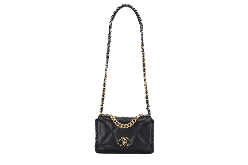 CHANEL 19 SMALL BLACK SHINY LAMBSKIN (3091XXXX) WITH GOLD-TONE, SILVER-TONE & RUTHENIUM HARDWARE, WITH CARD & DUST COVER