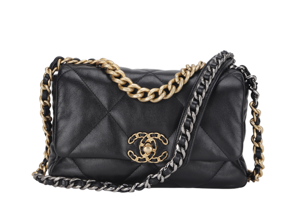 CHANEL 19 SMALL BLACK SHINY LAMBSKIN (3091XXXX) WITH GOLD-TONE, SILVER-TONE & RUTHENIUM HARDWARE, WITH CARD & DUST COVER