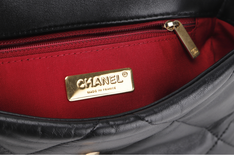 CHANEL 19 SMALL BLACK SHINY LAMBSKIN (3091XXXX) WITH GOLD-TONE, SILVER-TONE & RUTHENIUM HARDWARE, WITH CARD & DUST COVER