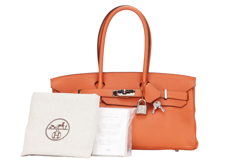 hermes birkin 45 shoulder bag stamp p square year 2012 orange taurillon clemence leather palladium hardware with keys lock raincoat dust cover