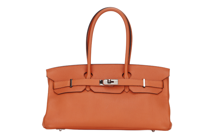 hermes birkin 45 shoulder bag stamp p square year 2012 orange taurillon clemence leather palladium hardware with keys lock raincoat dust cover