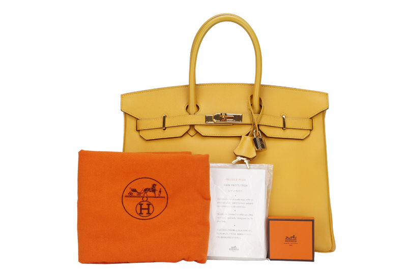 HERMES BIRKIN 35 (STAMP Z CIRCLE) YELLOW MUSTARD COURCHEVAL LEATHER GOLD HARDWARE WITH KEYS&LOCK, RAINCOAT & DUST COVER