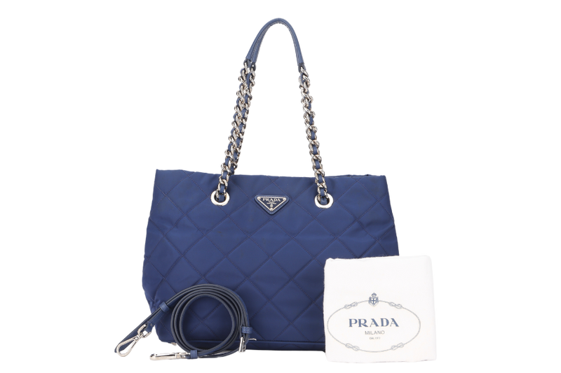 PRADA BLUE QUILTED NYLON SHOULDER TOTE SILVER HARDWARE WITH DUST COVER, NO CARD