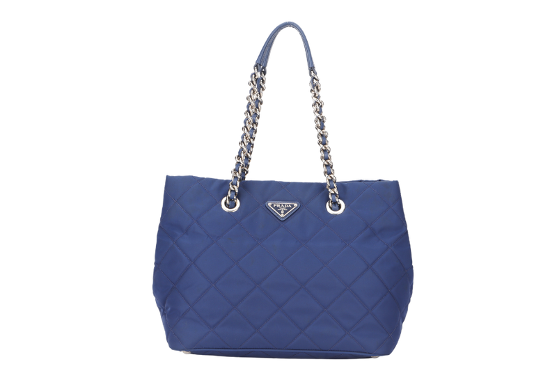 PRADA BLUE QUILTED NYLON SHOULDER TOTE SILVER HARDWARE WITH DUST COVER, NO CARD