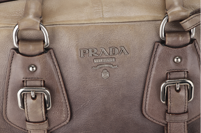 PRADA BANDOLIERA BROWN TAUPE LEATHER SILVER HARDWARE WITH STRAPS AND DUST COVER