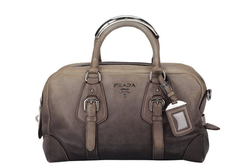 PRADA BANDOLIERA BROWN TAUPE LEATHER SILVER HARDWARE WITH STRAPS AND DUST COVER