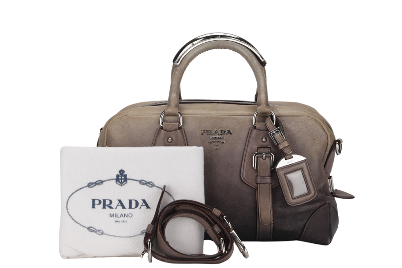 PRADA BANDOLIERA BROWN TAUPE LEATHER SILVER HARDWARE WITH STRAPS AND DUST COVER