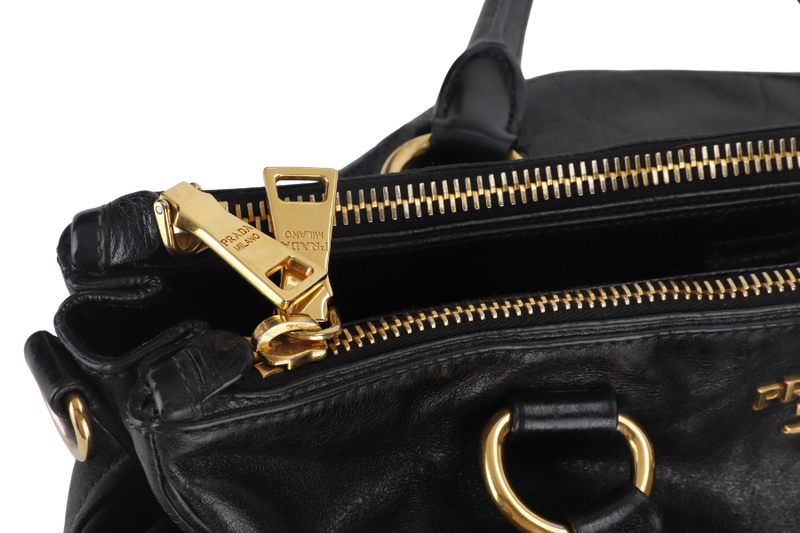 PRADA VITELLO SHINE DOUBLE ZIP BLACK GOLD HARDWARE WITH STRAPS AND DUST COVER