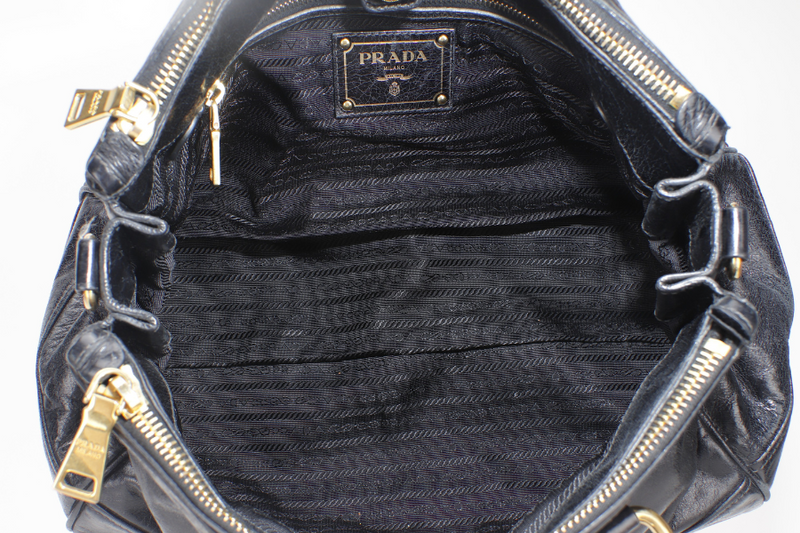 PRADA VITELLO SHINE DOUBLE ZIP BLACK GOLD HARDWARE WITH STRAPS AND DUST COVER