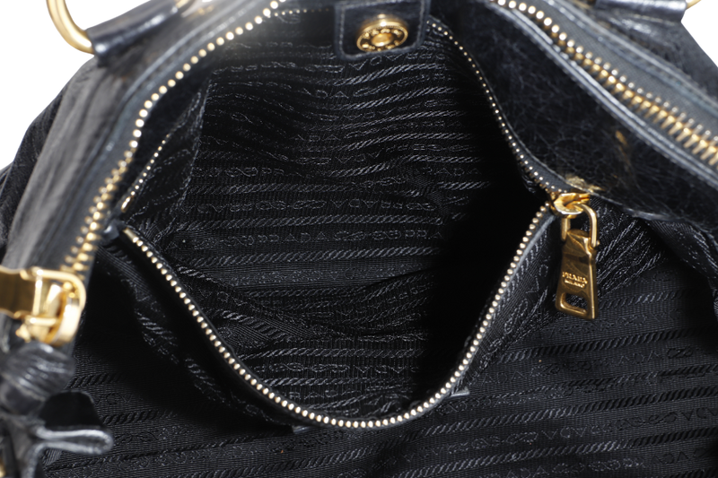 PRADA VITELLO SHINE DOUBLE ZIP BLACK GOLD HARDWARE WITH STRAPS AND DUST COVER