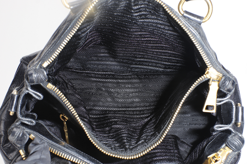 PRADA VITELLO SHINE DOUBLE ZIP BLACK GOLD HARDWARE WITH STRAPS AND DUST COVER