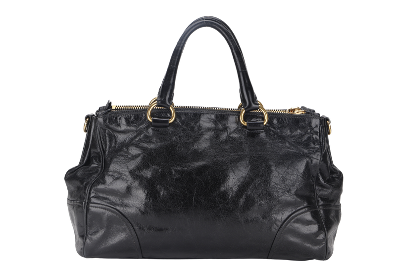 PRADA VITELLO SHINE DOUBLE ZIP BLACK GOLD HARDWARE WITH STRAPS AND DUST COVER