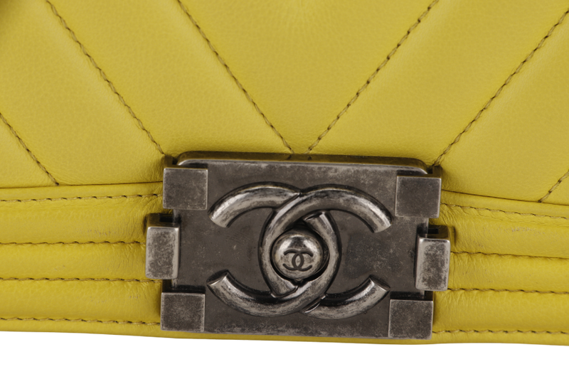 CHANEL LEBOY (2234xxxx) YELLOW CHEVRON LAMBSKIN RUTHENIUM HARDWARE WITH DUST COVER