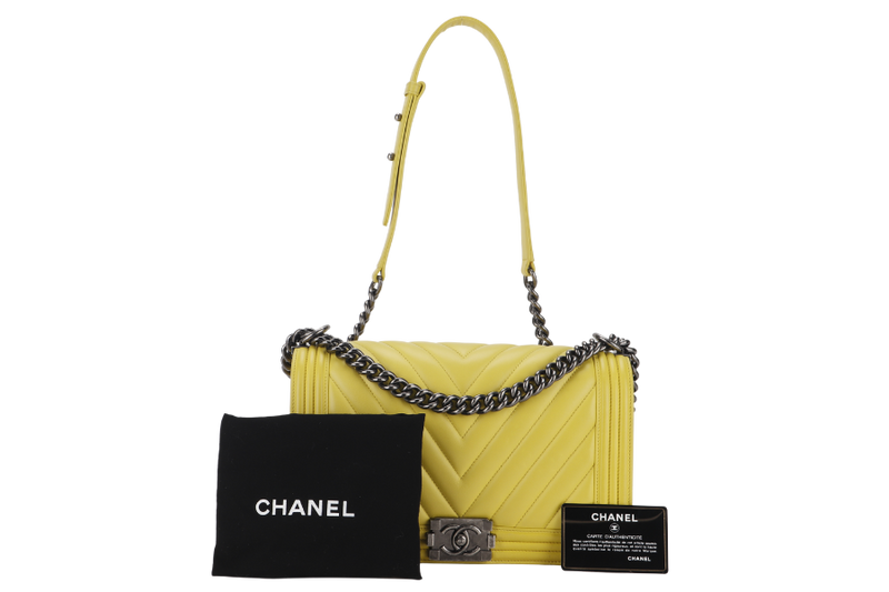 CHANEL LEBOY (2234xxxx) YELLOW CHEVRON LAMBSKIN RUTHENIUM HARDWARE WITH DUST COVER