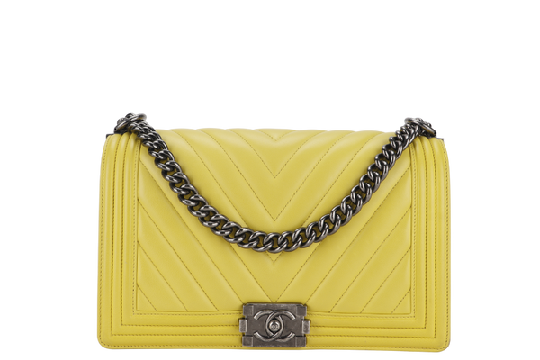 CHANEL LEBOY (2234xxxx) YELLOW CHEVRON LAMBSKIN RUTHENIUM HARDWARE WITH DUST COVER