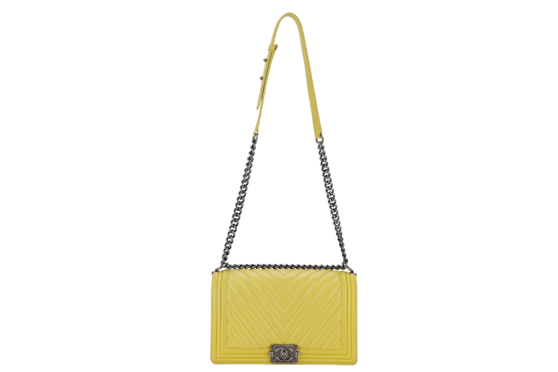 CHANEL LEBOY (2234xxxx) YELLOW CHEVRON LAMBSKIN RUTHENIUM HARDWARE WITH DUST COVER