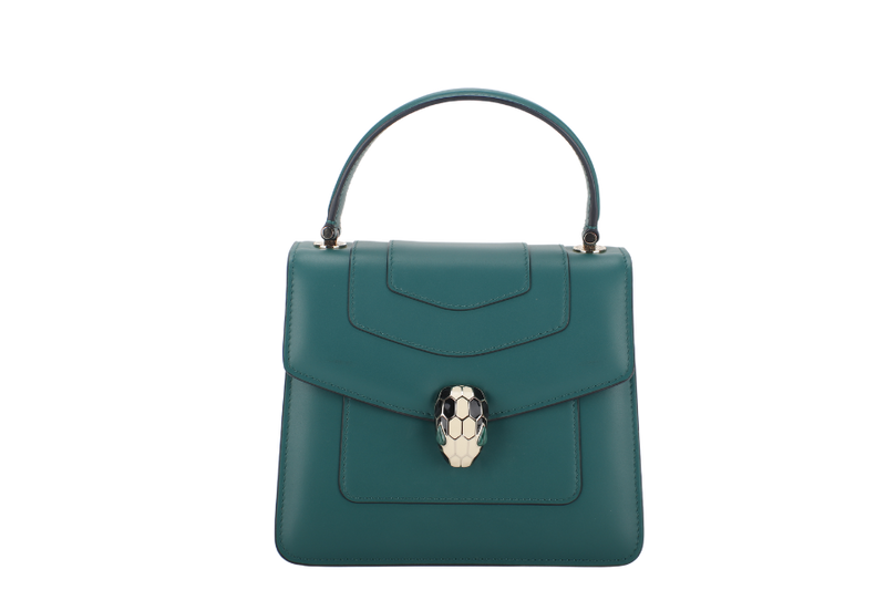 BVLGARI SERPENTI FOREVER TOP HANDLE (MM.C18.287318) GREEN LEATHER GOLD HARDWARE WITH MIRROR, STRAP, DUST COVER AND RAINCOAT