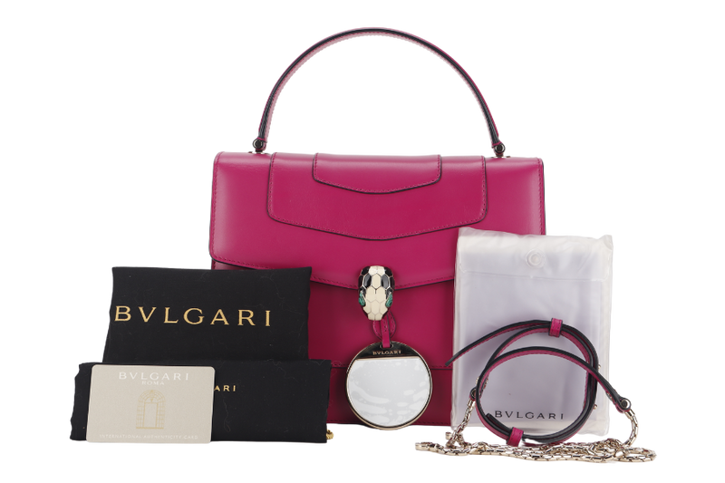 BVLGARI SERPENTI FOREVER LARGE MAGENTA LEATHER GOLD HARDWARE WITH STRAP, DUST COVER, MIRROR AND RAINCOAT