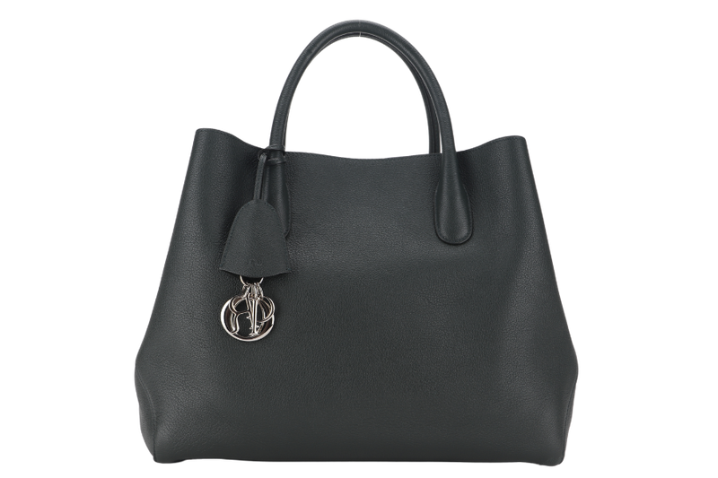 CHRISTIAN DIOR DARK GREEN OPEN BAR TOTE WITH GRAINED CALFSKIN LEATHER AND SILVER HARDWARE WITH CARD, STRAP, DUST COVER