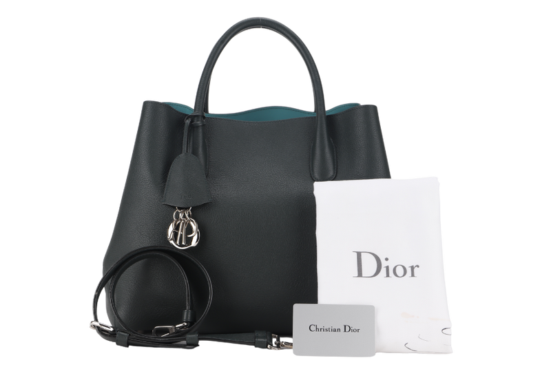 CHRISTIAN DIOR DARK GREEN OPEN BAR TOTE WITH GRAINED CALFSKIN LEATHER AND SILVER HARDWARE WITH CARD, STRAP, DUST COVER