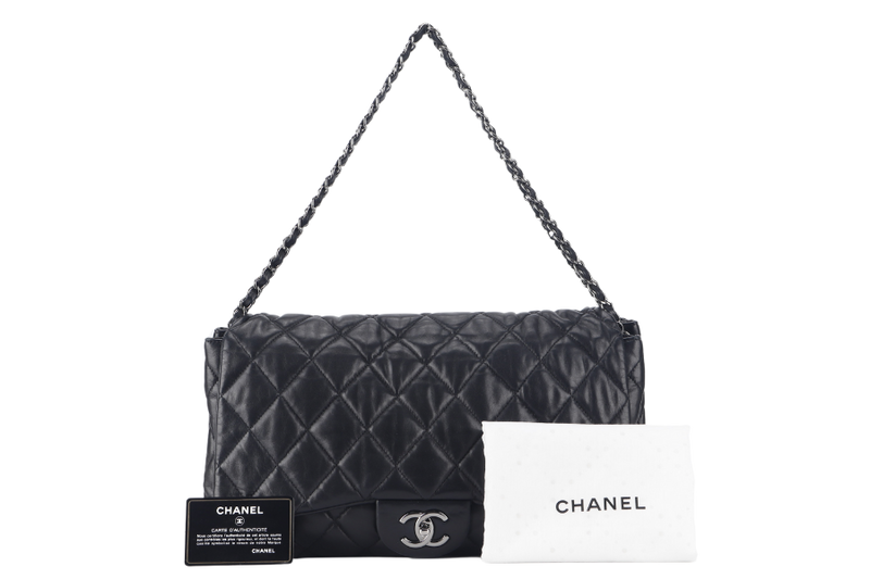 CHANEL 3 ACCORDION FLAP BAG (1390xxxx) BLACK LAMBSKIN GUNMETAL HARDWARE WITH CARD AND DUST COVER