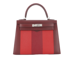 HERMES KELLY 28 STAMP C (YEAR 2019) LETTRE M ROUGE H VERMILLION, ROSE TYRIEN EPSOM, CHEVRE SOMBRERO SILVER HARDWARE WITH LOCK&KEYS, RAINCOAT AND DUST COVER