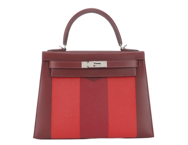 HERMES KELLY 28 STAMP C (YEAR 2019) LETTRE M ROUGE H VERMILLION, ROSE TYRIEN EPSOM, CHEVRE SOMBRERO SILVER HARDWARE WITH LOCK&KEYS, RAINCOAT AND DUST COVER