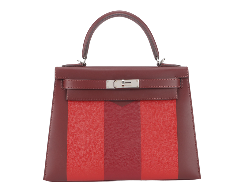 HERMES KELLY 28 STAMP C (YEAR 2019) LETTRE M ROUGE H VERMILLION, ROSE TYRIEN EPSOM, CHEVRE SOMBRERO SILVER HARDWARE WITH LOCK&KEYS, RAINCOAT AND DUST COVER