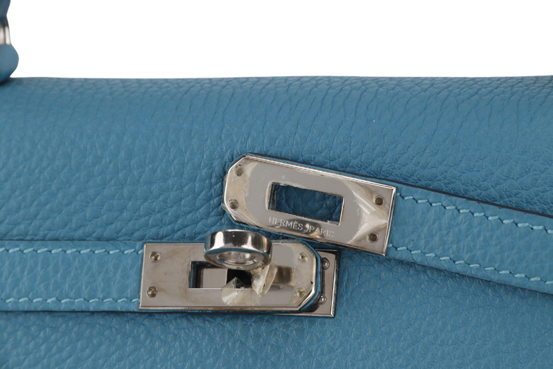 HERMES KELLY 25 STAMP R (YEAR 2014) RETOURNE TURQUOISE TOGO SILVER HARDWARE WITH LOCK&KEYS, RAINCOAT AND DUSTC COVER