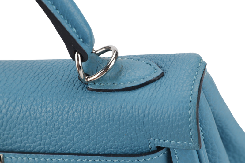 HERMES KELLY 25 STAMP R (YEAR 2014) RETOURNE TURQUOISE TOGO SILVER HARDWARE WITH LOCK&KEYS, RAINCOAT AND DUSTC COVER