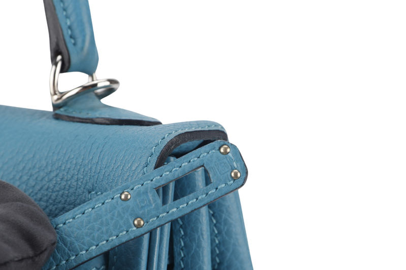 HERMES KELLY 25 STAMP R (YEAR 2014) RETOURNE TURQUOISE TOGO SILVER HARDWARE WITH LOCK&KEYS, RAINCOAT AND DUSTC COVER