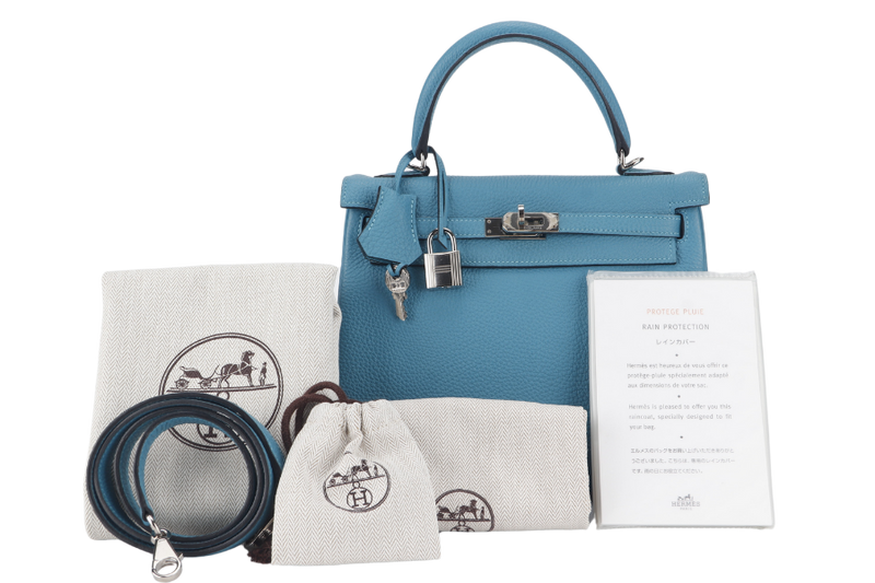 HERMES KELLY 25 STAMP R (YEAR 2014) RETOURNE TURQUOISE TOGO SILVER HARDWARE WITH LOCK&KEYS, RAINCOAT AND DUSTC COVER