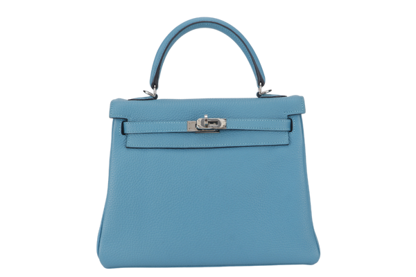 HERMES KELLY 25 STAMP R (YEAR 2014) RETOURNE TURQUOISE TOGO SILVER HARDWARE WITH LOCK&KEYS, RAINCOAT AND DUSTC COVER