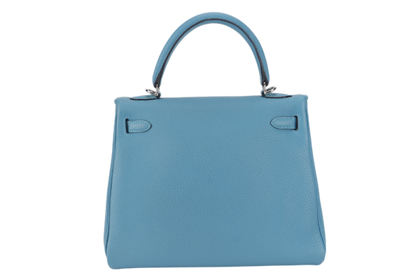 HERMES KELLY 25 STAMP R (YEAR 2014) RETOURNE TURQUOISE TOGO SILVER HARDWARE WITH LOCK&KEYS, RAINCOAT AND DUSTC COVER