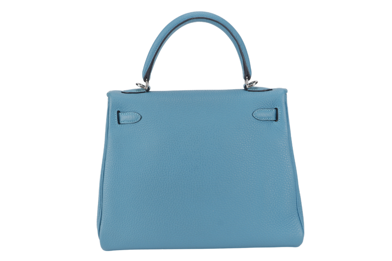 HERMES KELLY 25 STAMP R (YEAR 2014) RETOURNE TURQUOISE TOGO SILVER HARDWARE WITH LOCK&KEYS, RAINCOAT AND DUSTC COVER