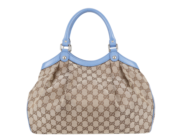 GUCCI SUKEY CANVAS TOTE LIGHT BLUE LEATHER TRIM WITH DUST COVER