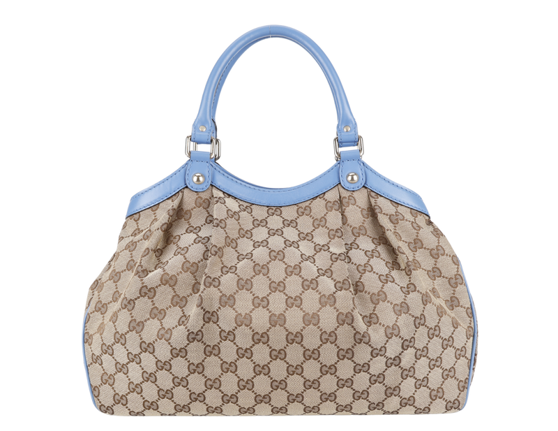 GUCCI SUKEY CANVAS TOTE LIGHT BLUE LEATHER TRIM WITH DUST COVER