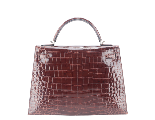 HERMES KELLY 32 SELLIER DARK BROWN SHINY NILOTICUS SILVER HARDWARE STAMP P (YEAR 2012) WITH KEYS, LOCK, STRAPS, RAINCOAT WITH DUST COVER