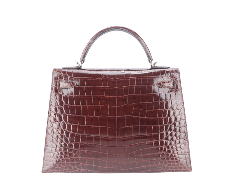 HERMES KELLY 32 SELLIER DARK BROWN SHINY NILOTICUS SILVER HARDWARE STAMP P (YEAR 2012) WITH KEYS, LOCK, STRAPS, RAINCOAT WITH DUST COVER