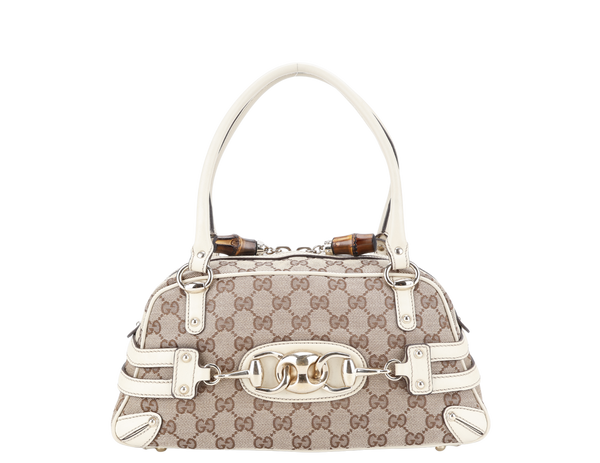 GUCCI BEIGE AND WHITE GG CANVAS AND LEATHER BOSTON BAG WITH DUST COVER