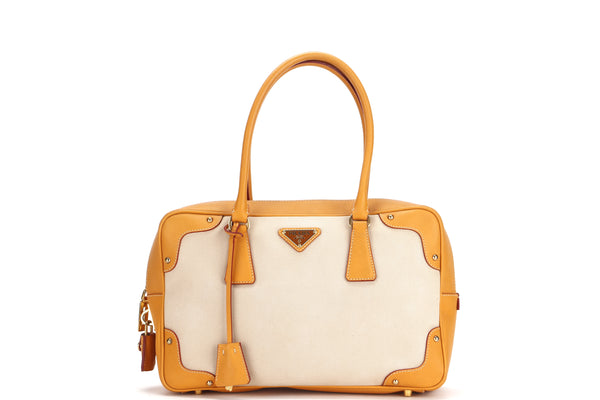 PRADA Traveling Bag Handbag Mini Logo Zipper BL0095 Saffiano Leather Beige  Women