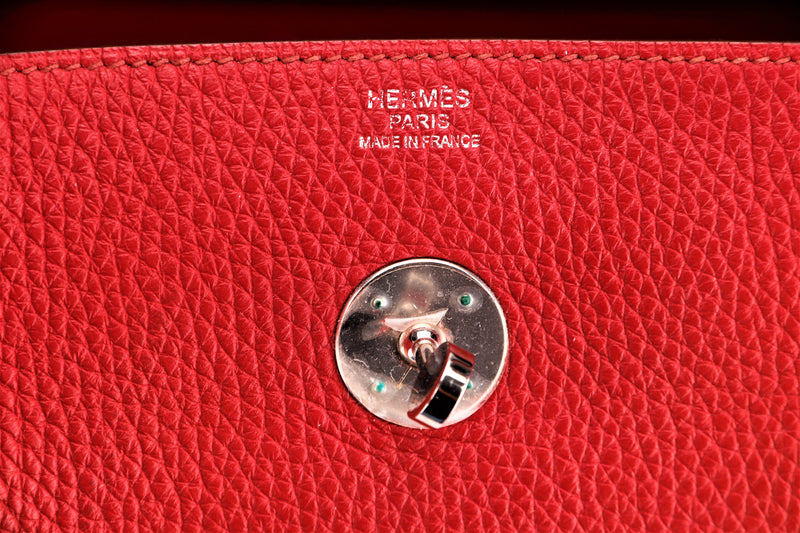 HERMES LINDY 34CM (STAMP O) ROUGE GARANCE COLOR TOGO LEATHER, SILVER HARDWARE, WITH DUST COVER