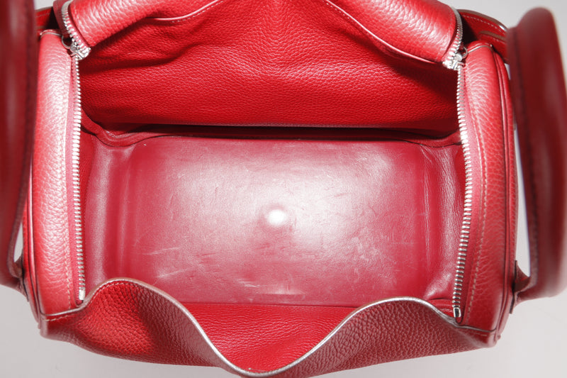 HERMES LINDY 34 (STAMP O) YEAR 2011  ROUGE GARANCE COLOR TOGO LEATHER SILVER HARDWARE WITH DUST COVER