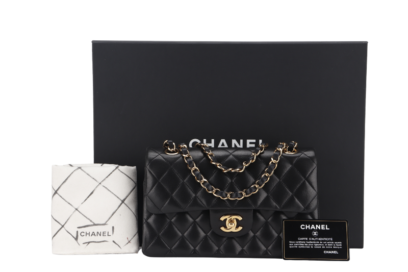 CHANEL CLASSIC FLAP SMALL BLACK LAMBSKIN & GOLD HARDWARE WITH CARD (1547xxxx) WITH DUST COVER AND BOX