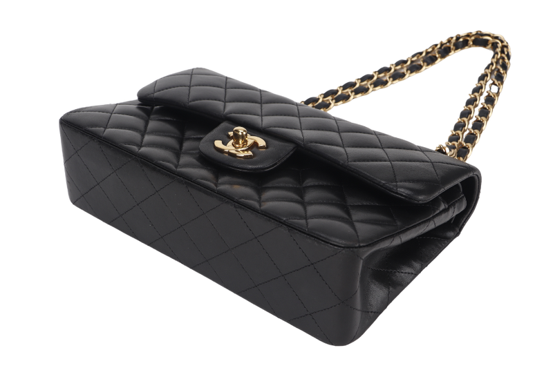 CHANEL CLASSIC FLAP SMALL BLACK LAMBSKIN & GOLD HARDWARE WITH CARD (1547xxxx) WITH DUST COVER AND BOX